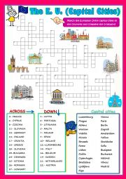 English Worksheet: THE EUROPEAN UNION CAPITAL CITIES (CROSSWORD PUZZLE)