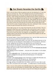English Worksheet: Zoo Shoots Gorilla - Reading Comprehension Text and Questions