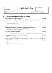 English Worksheet: Mid-term 3 test 7th form