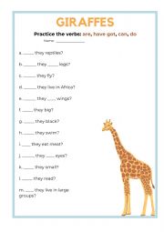 English Worksheet: GIRAFFE - Practicing Can, Do, Have Got, Be