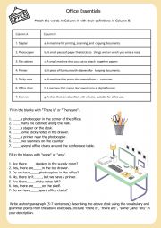 English Worksheet: Office essentials - there is, there are, some and any