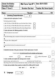 English Worksheet: 1st Form - Mid-Term Test 1