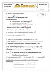 English Worksheet: Mid-Term Test N1 9th form Tunisia