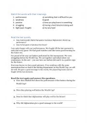 English Worksheet: Afghan Cricket Captain Reading Comprehension World Cup 2023