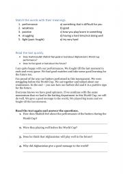 English Worksheet: Afghan Cricket Captain Reading Comprehension World Cup 2023