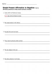 English Worksheet: Simple Present Affirmative to Negative