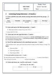 English Worksheet: MID TERM TEST N1 BAC ARTS