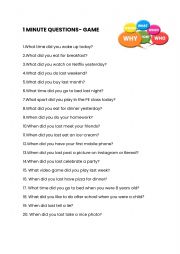 English Worksheet: 1 minute questions- PAST SIMPLE (EASY)