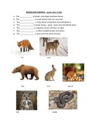 English Worksheet: Woodland animals test - guess who is who