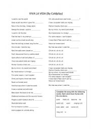 English Worksheet: Song VIva la Vida by Coldplay - Find the rhymes