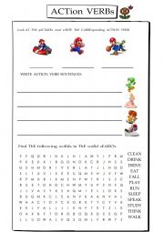 English Worksheet: ACTION VERBS MARIO BROS