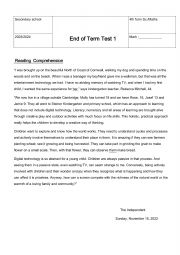 English Worksheet: End Of Term Test 1   4 th Form Tunisian Programme 