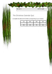 English Worksheet: Christmas advent calendar quiz