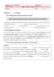 English Worksheet: MID TERM TEST N 1 8TH