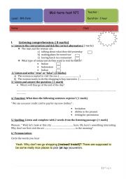 English Worksheet: MID TERM TEST N 1 8TH