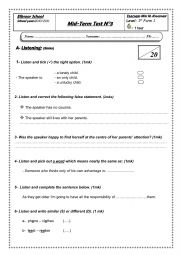 English Worksheet: 1st form - Mid-term test 3