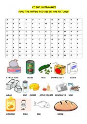English Worksheet: AT THE SUPERMARKET - EASY WORDSEARCH ACTIVITY + KEY