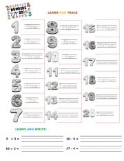 English Worksheet: Learn and trace numbers 1-20