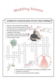 English Worksheet: Weddings crossword