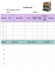 English Worksheet: Reading Log