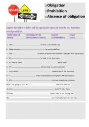 English Worksheet: Obligation, Prohibition, Absence of obligation