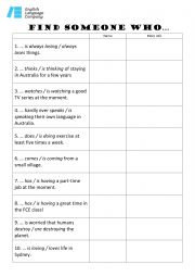 English Worksheet: present simple and present continuous find someone who 