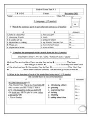 English Worksheet: 7th Form Mid-term Test 1
