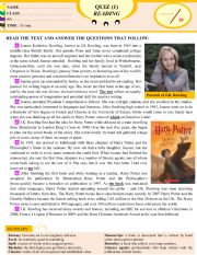 English Worksheet: Reading comprehension: J.K Rowling�s Biography