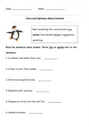 English Worksheet: Animal Facts and Opinions