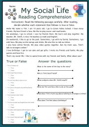My social life - reading comprehension
