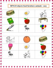 BINGO - 9 pages - beginner - objets, classroom objects, animals,foods, furniture (simple)