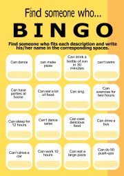 English Worksheet: BINGO find someone who - can / can�t