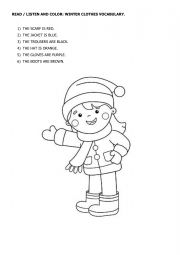 English Worksheet: WINTER CLOTHES. READ/LISTEN AND COLOR