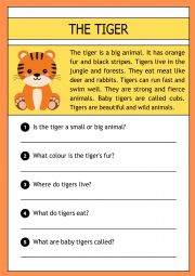 The tiger -  reading comprehension