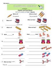 English Worksheet: Singular and Plural Nouns  Classroom Objects