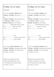 English Worksheet: Friday I�m in Love - The Cure song