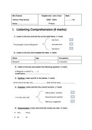 English Worksheet: Mid- term 3 test 7th form Tunisian program