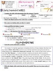 English Worksheet: 1st form mid term test 3