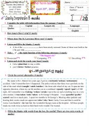 English Worksheet: 1st form mid term 3