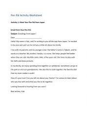 English Worksheet: Pen Pal Activity - Family Member Vocabulary Practice