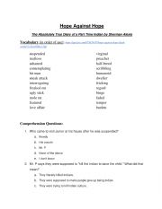 English Worksheet: Hope Against Hope, The Absolutely True Diary of a Part Time Indian, Study Guide