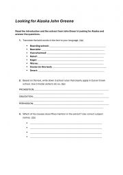 English Worksheet: John Greene - Looking for Alaska Text comprehension