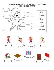 English Worksheet: REVIEW: THE BODY, ACTIONS AND PARTS OF THE HOUSE