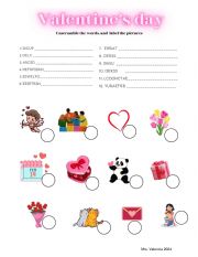 English Worksheet: Valentines day Unscramble words 