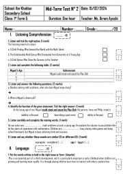 English Worksheet: 1st Form - Mid-Term Test 2