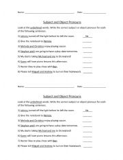 English Worksheet: Subject and Object Pronouns