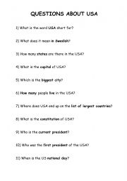 English Worksheet: Questions about the USA