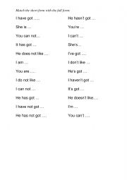 English Worksheet: Contractions matching