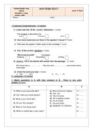 English Worksheet: mid term test n2  for 7 th formers ( Tunisian program)