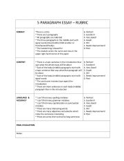 English Worksheet: Rubric for 5 paragrah Essay 